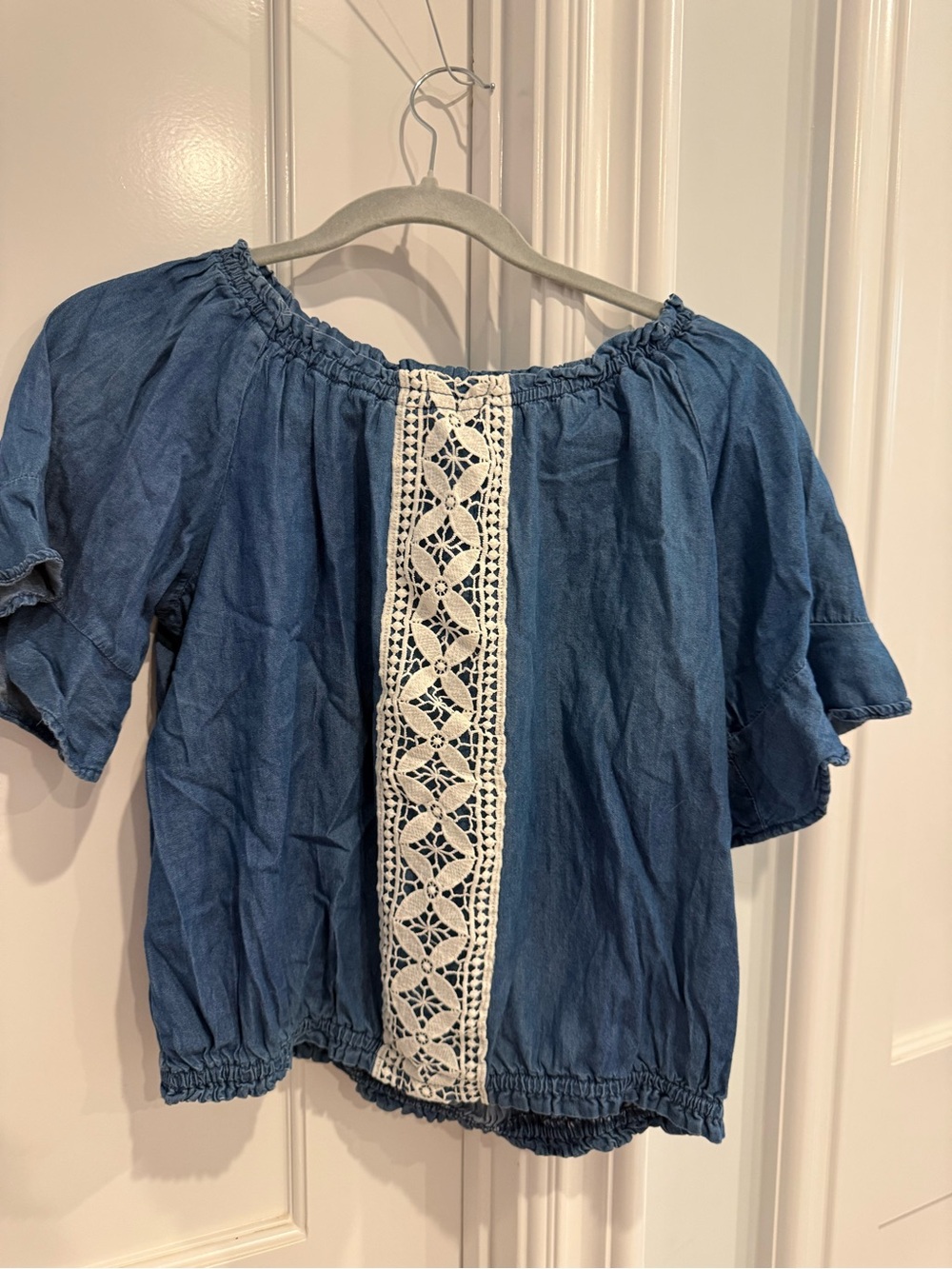 Justice Blue Off-Shoulder Tunic with Cream Crochet Panel